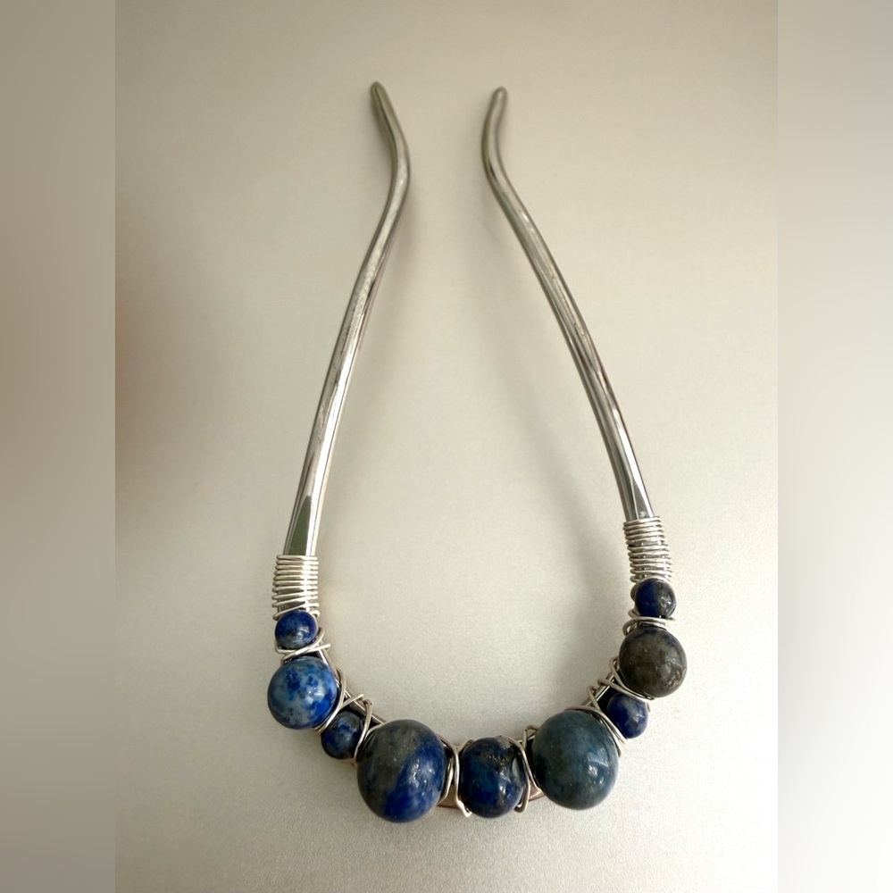 Elegant Silver and Blue Beaded hairpin